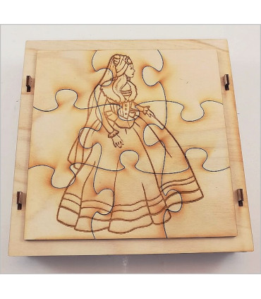 Maquette Boite Puzzle - Modèle Princesse 9 pièces. Assemblage pièces avant terminé.
